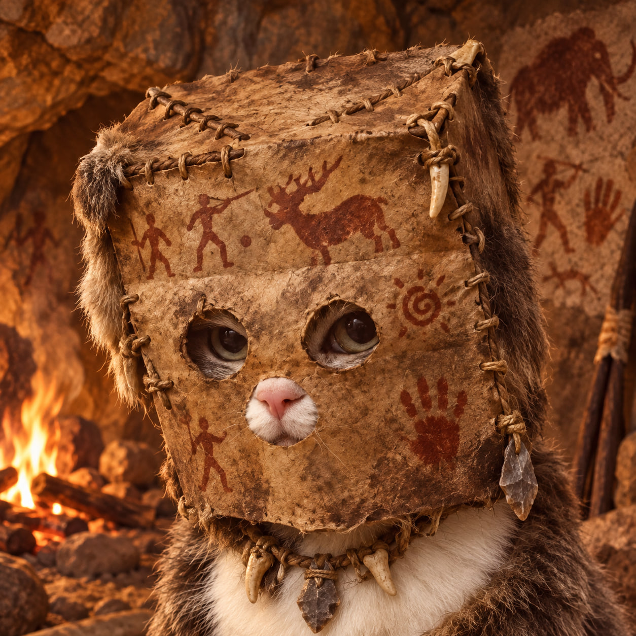 First Anonymous wearing a stitched cave-painting mask